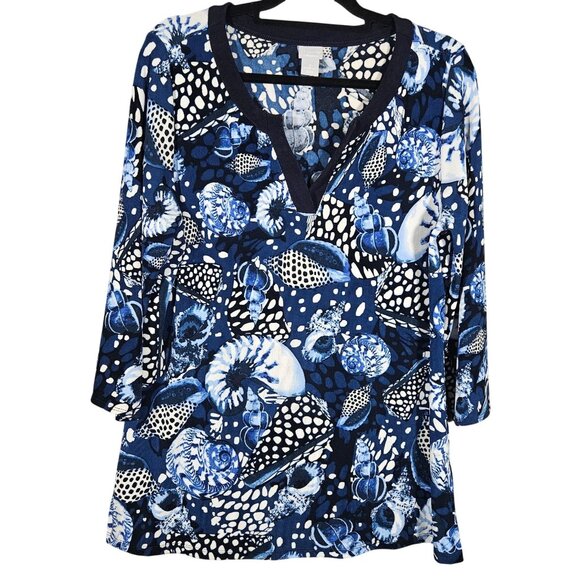 Traveler's Classic Seashell Chicos Size 2 Blue & White  V-Neck 3/4 Sleeve Top - Picture 1 of 11